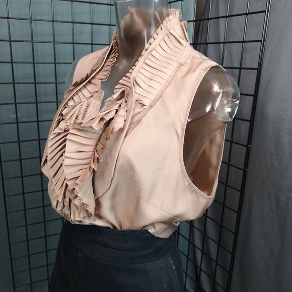 Upcycled Vintage Boho Pleated Ruffled Sleeveless Button Down Shirt - Picture 2 of 7